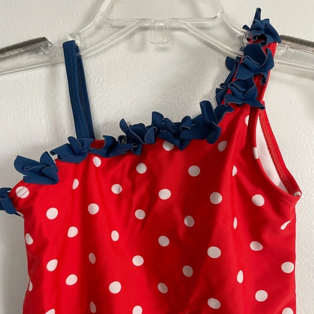 Wave Zone Red Polka Dot Kids Swimsuit size 2T with navy blue ruffle